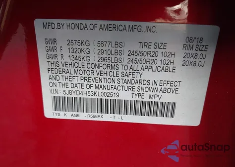 2019 Acura Mdx Tech Pkg from USA, damaged, VIN 5J8YD4H53KL002519